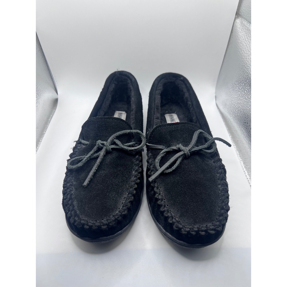 Minnetonka Women's Black Hard Sole Moccasin Slippers‎ Black Fur Lined Size 9